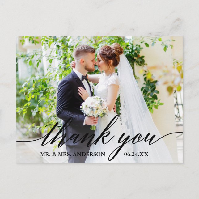 Calligraphy Wedding Foto Bride Groom Danke B Postkarte (Vorderseite)