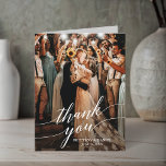 Calligraphy Wedding Foto Script Overlay Dankeskarte<br><div class="desc">Moderne Kalligraphie Hochzeitbräune und Groom Foto Overlay Danke Notizkarte - Weiße Schrift</div>