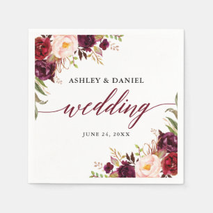 Calligraphy Wedding Watercolor Burgundy Floral Serviette
