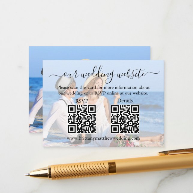 Calligraphy Wedding Website 2 QR Overlay Foto Begleitkarte (Vorderseite/Rückseite Beispiel)