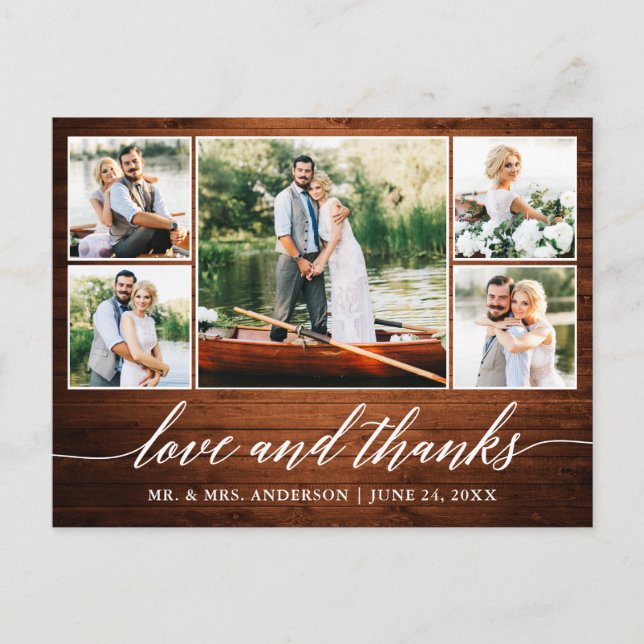 Calligraphy Wedding Wood 5 Foto Liebe Dank Postkarte (Vorderseite)