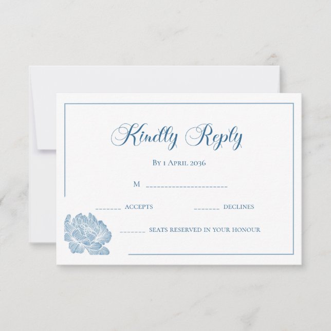 Calligraphy White Dusty Blue Floral Wedding RSVP Karte (Vorderseite)