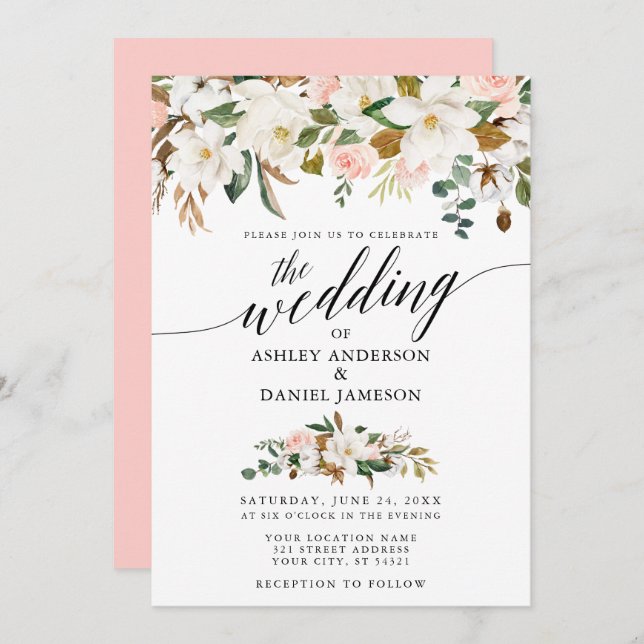 Calligraphy White Magnolias Pink Roses Wedding Einladung (Vorne/Hinten)