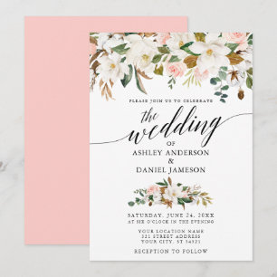 Calligraphy White Magnolias Pink Roses Wedding Einladung