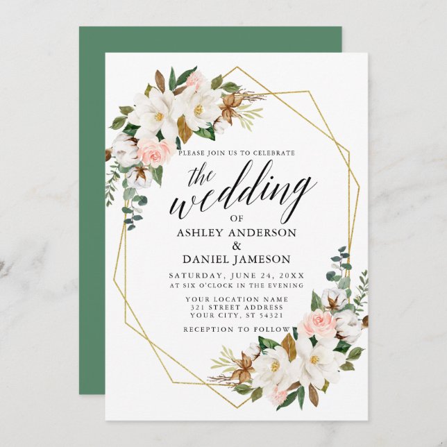 Calligraphy White Magnolias Rose Goldhochzeit Einladung (Vorne/Hinten)