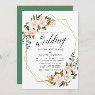 Calligraphy White Magnolias Rose Goldhochzeit Einladung