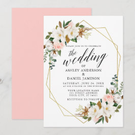 Calligraphy White Magnolias Rose Hochzeit Gold Einladung
