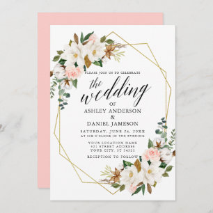 Calligraphy White Magnolias Rose Hochzeit Gold Einladung