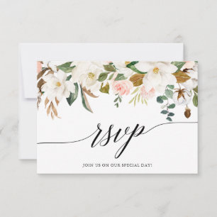 Calligraphy White Magnolias Rose Hochzeit RSVP Karte