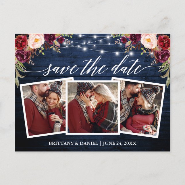 Calligraphy Wood Burgundy Floral Save the Date Postkarte (Vorderseite)