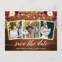 Calligraphy Wood Burgundy Floral Save the Date