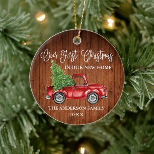 Calligraphy Wood First Christmas New Zuhause Truck Keramik Ornament