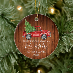 Calligraphy Wood Mr. Christmas Red Truck Keramik Ornament