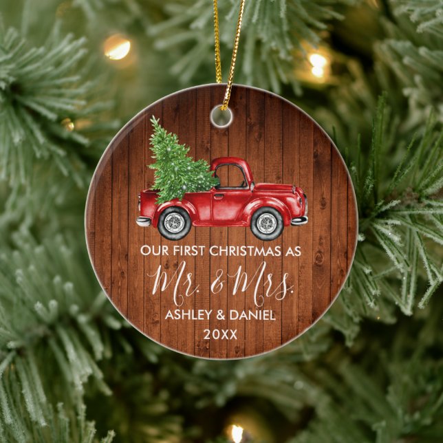 Calligraphy Wood Mr. Christmas Red Truck Keramik Ornament (Baum)