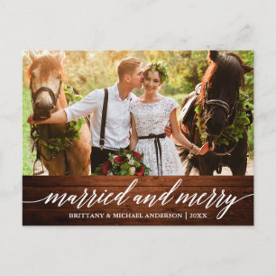 Calligraphy Wood Verheiratet und Merry Wedding Fot Postkarte
