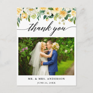 Calligraphy Yellow Floral Wedding Foto Vielen Dank Postkarte
