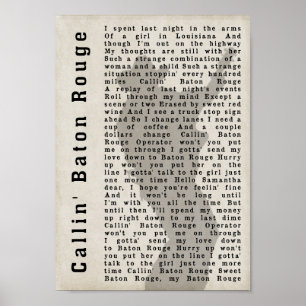 Callin Baton Rouge-Schatten-Lied-lyrischer Druck Poster