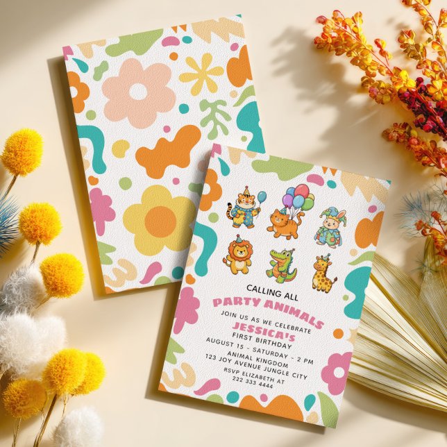 Calling All Party Animals Floral Kids 1st Birthday Einladung (Von Creator hochgeladen)