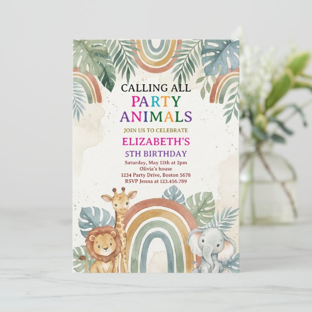 Calling All Party Animals Safari Zoo Birthday Einladung (Stehend Vorderseite)