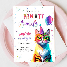 Calling All Pawty Animals Cat Kitten Girl Birthday Einladung