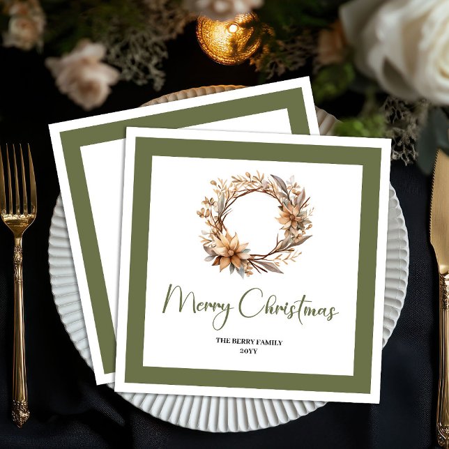 Calm Earthy Christmas Wreath Personalized Napkins Serviette (Calm Earthy Christmas Wreath Personalized Napkins)