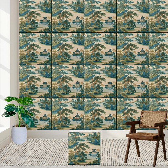 Calm Garden und Pagoda Chinoiserie Tile Fliese (Calm Garden and Pagoda Chinoiserie Tile)