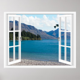 Calm Mountain Lake Artificial Window View Poster