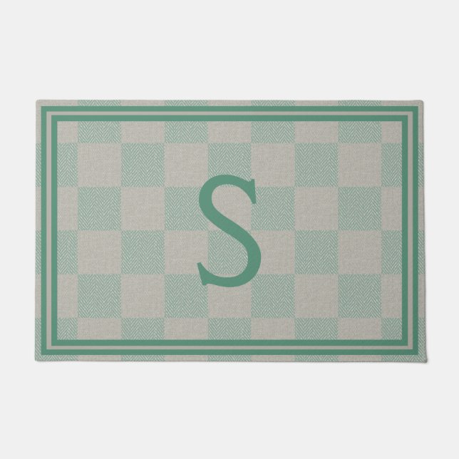 Calm Seafoam Green Gray Karierte Monogramm Fußmatte (Vorderseite)