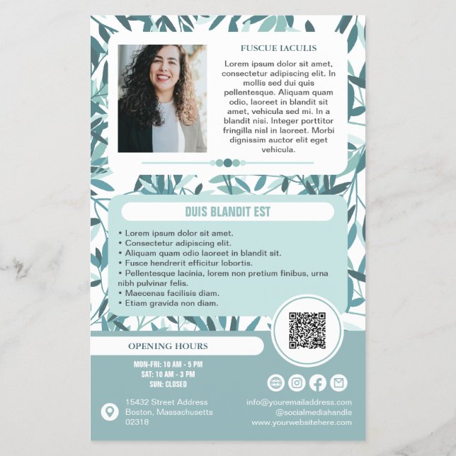 Calm Teal Leaves Wellness Promo Small Business Flyer (Hinten)