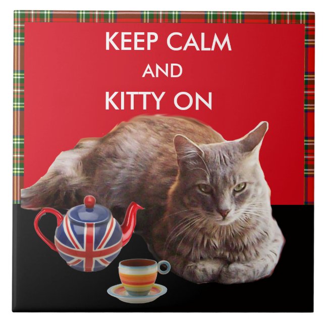 CALM UND KITTY behalten AUF "RED TARTAN CAT TEA"-P Fliese (Vorderseite)