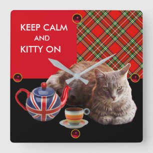 CALM UND KITTY behalten AUF "RED TARTAN CAT TEA"-P Quadratische Wanduhr