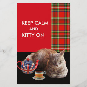 "CALM UND KITTY ON BEHALTEN" ,RED TARTAN,CAT TEE-P BRIEFPAPIER