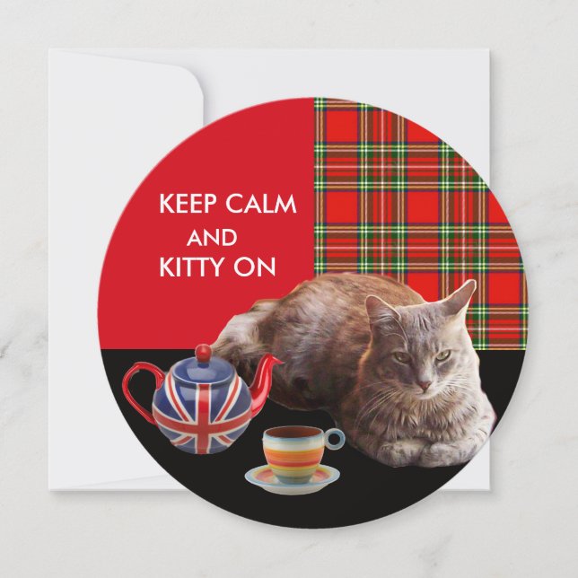 "CALM UND KITTY ON BEHALTEN" ,RED TARTAN,CAT TEE-P EINLADUNG (Vorderseite)