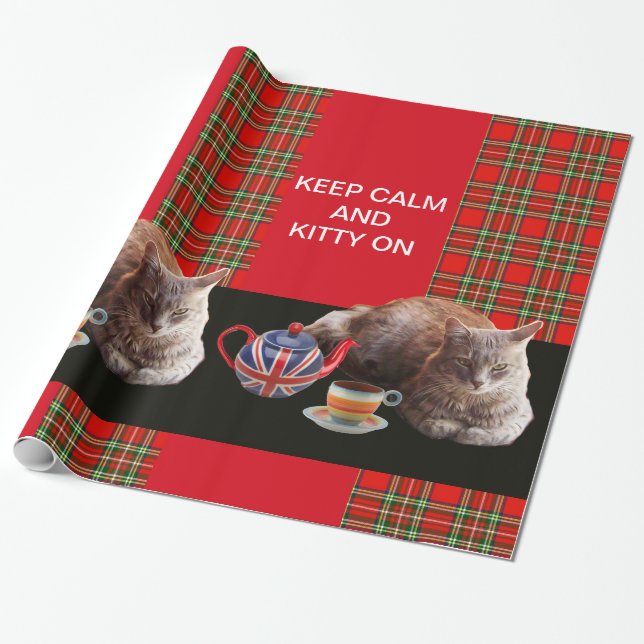 "CALM UND KITTY ON BEHALTEN" ,RED TARTAN,CAT TEE-P GESCHENKPAPIER (Ungerollt)
