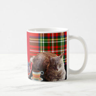 "CALM UND KITTY ON BEHALTEN" ,RED TARTAN,CAT TEE-P KAFFEETASSE