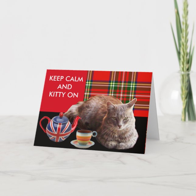 "CALM UND KITTY ON BEHALTEN" ,RED TARTAN,CAT TEE-P KARTE (Vorderseite)