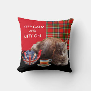 "CALM UND KITTY ON BEHALTEN" ,RED TARTAN,CAT TEE-P KISSEN