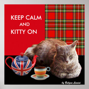 "CALM UND KITTY ON BEHALTEN" ,RED TARTAN,CAT TEE-P POSTER