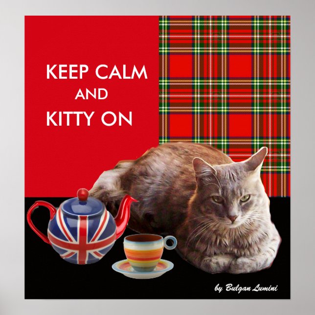 "CALM UND KITTY ON BEHALTEN" ,RED TARTAN,CAT TEE-P POSTER (Vorne)