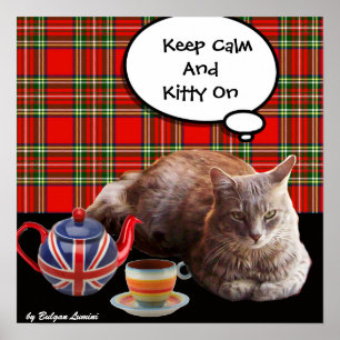 "CALM UND KITTY ON BEHALTEN" ,RED TARTAN,CAT TEE-P POSTER