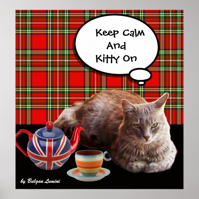 "CALM UND KITTY ON BEHALTEN" ,RED TARTAN,CAT TEE-P POSTER (Vorne)