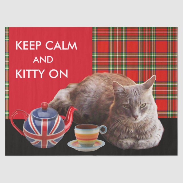 "CALM UND KITTY ON BEHALTEN" ,RED TARTAN,CAT TEE-P SEIDENPAPIER (Vorderseite)