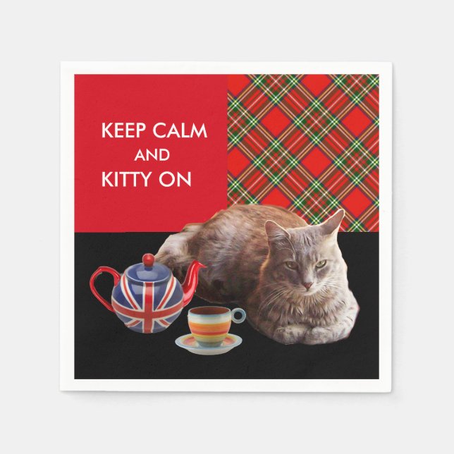 "CALM UND KITTY ON BEHALTEN" ,RED TARTAN,CAT TEE-P SERVIETTE (Vorderseite)