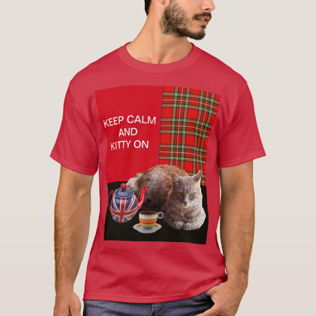 "CALM UND KITTY ON BEHALTEN" ,RED TARTAN,CAT TEE-P T-Shirt (Vorderseite)