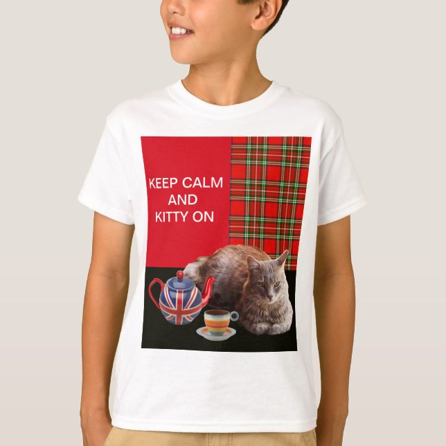 "CALM UND KITTY ON BEHALTEN" ,RED TARTAN,CAT TEE-P T-Shirt (Vorderseite)
