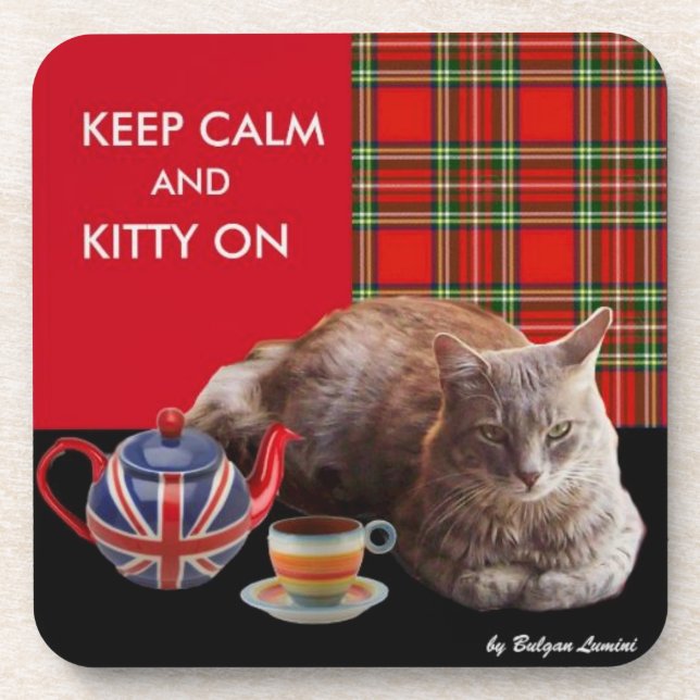 "CALM UND KITTY ON BEHALTEN" ,RED TARTAN,CAT TEE-P UNTERSETZER (Vorderseite)
