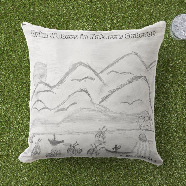 'Calm Waters in  Nature's Embrace' Throw Pillow Kissen (Gras)