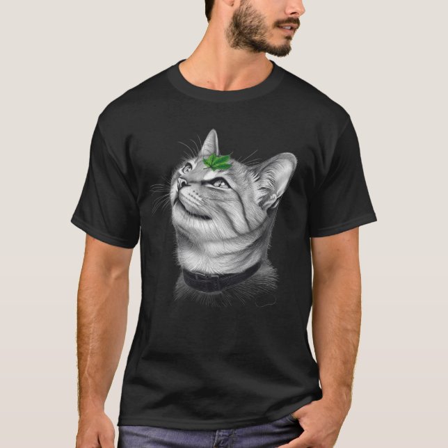 Calm White Minimal Cat Leaf Aesthetic Drawing pfp T-Shirt (Vorderseite)
