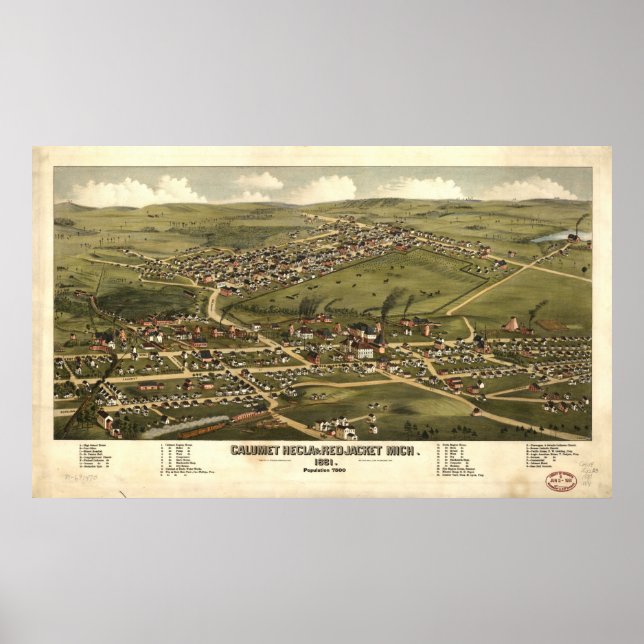 Calumet Michigan 1881 Antique Panoramabalkarte Poster (Vorne)