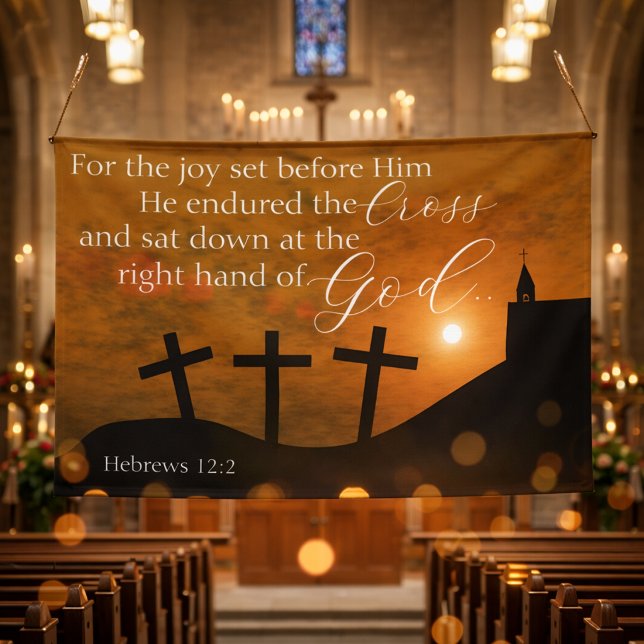 Calvary Sunset Scene with Hebrews 12:2 Scripture Banner (Von Creator hochgeladen)